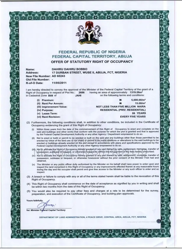 C of O Fully Paid For in Jahi