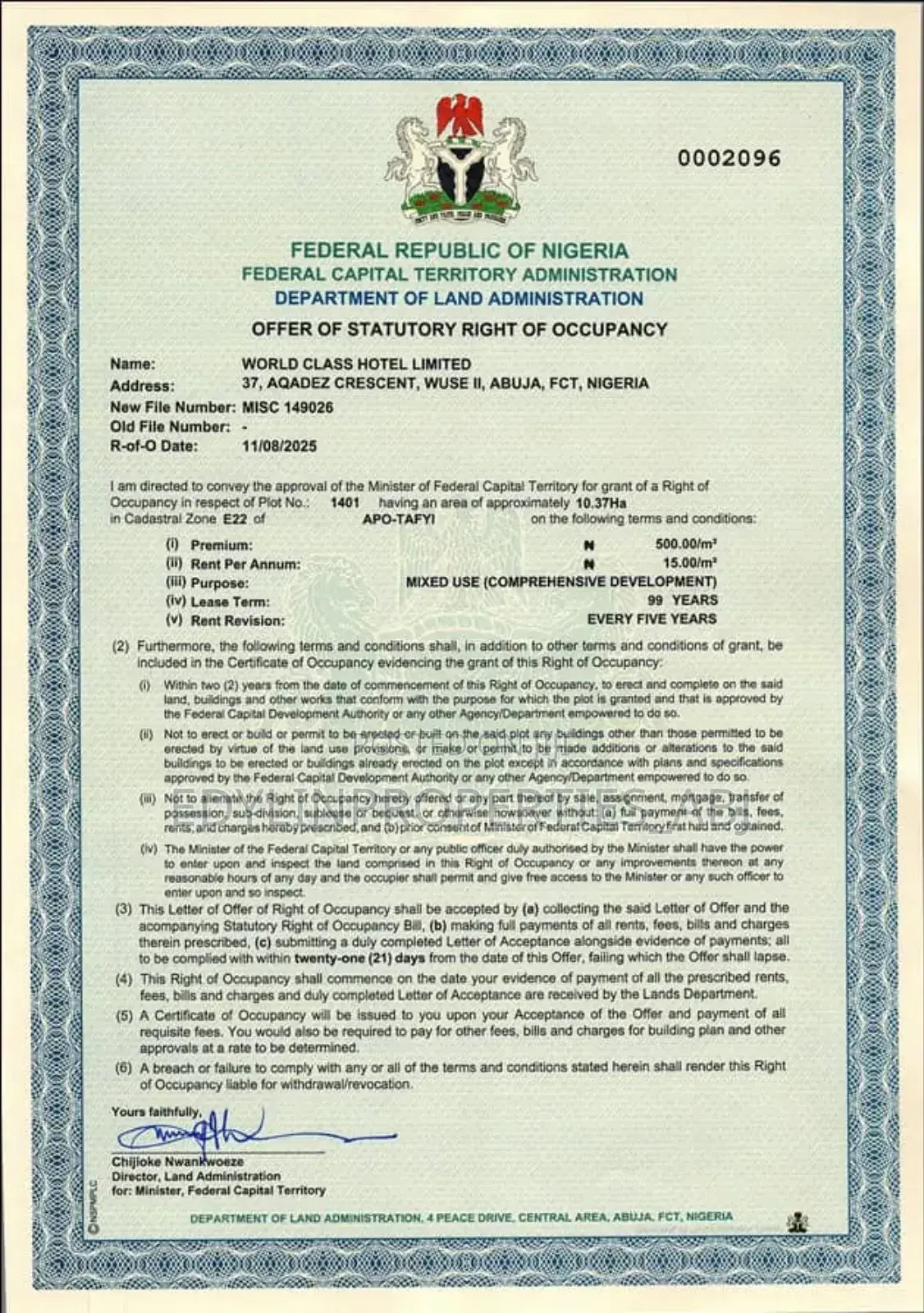 R of O, Mixed Use at Apo Tafyi. FCT Abuja in Apo District