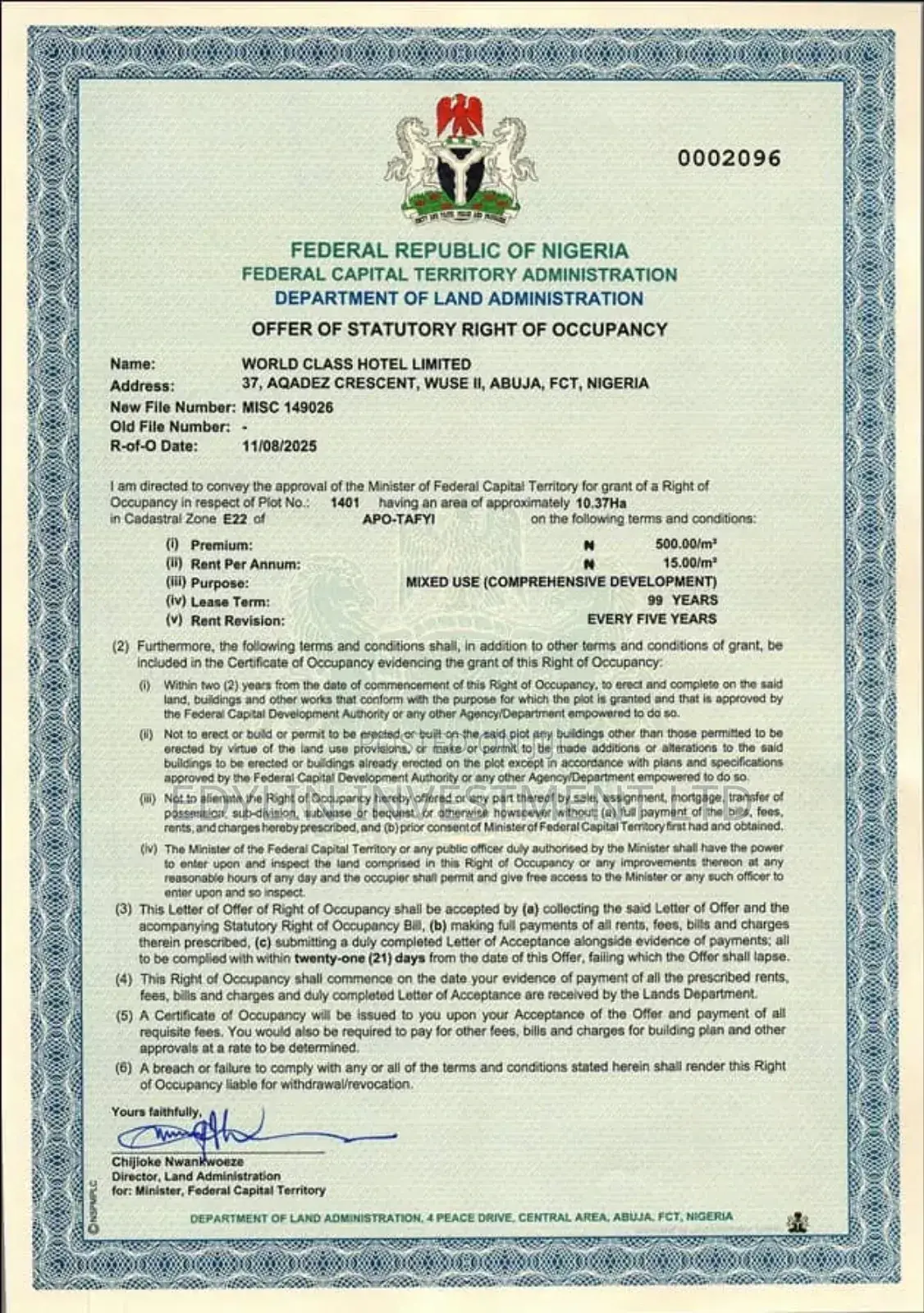 R of O, Mixed Use at Apo Tafyi. FCT Abuja in Apo District