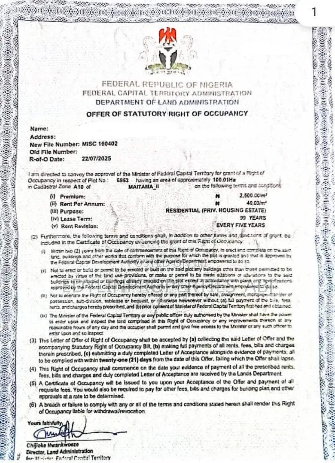 R of O, Priv Housing Estate at Maitama. FCT Abuja in Maitama