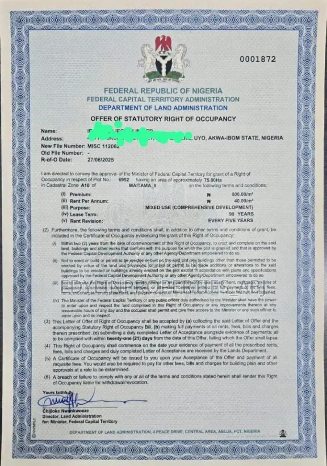 Fcda R of O Mixed Land at Maitama .Fct Abuja in Maitama