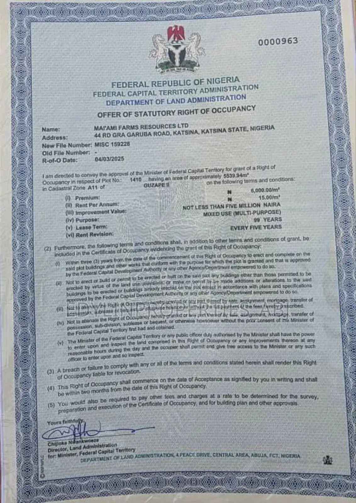 R of O Mixed Land at Guzape Ii . FCT Abuja in Maitama
