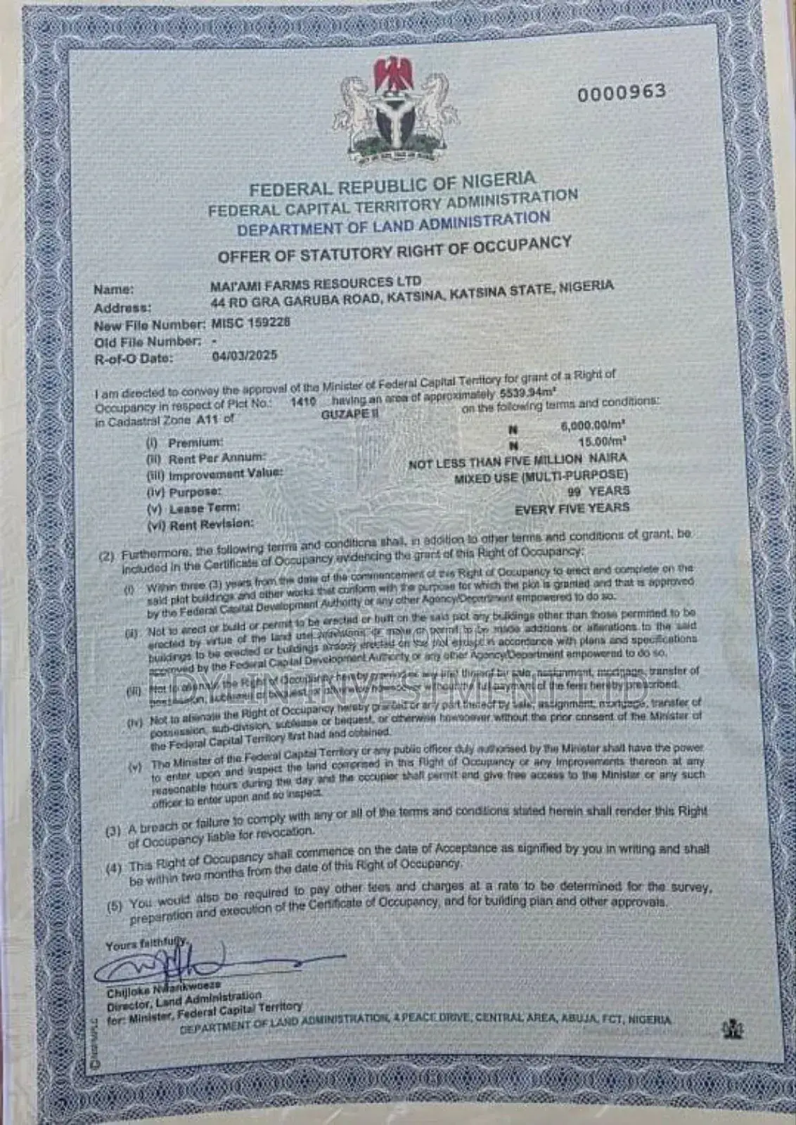 R of O Mixed Land at Guzape Ii . FCT Abuja in Maitama