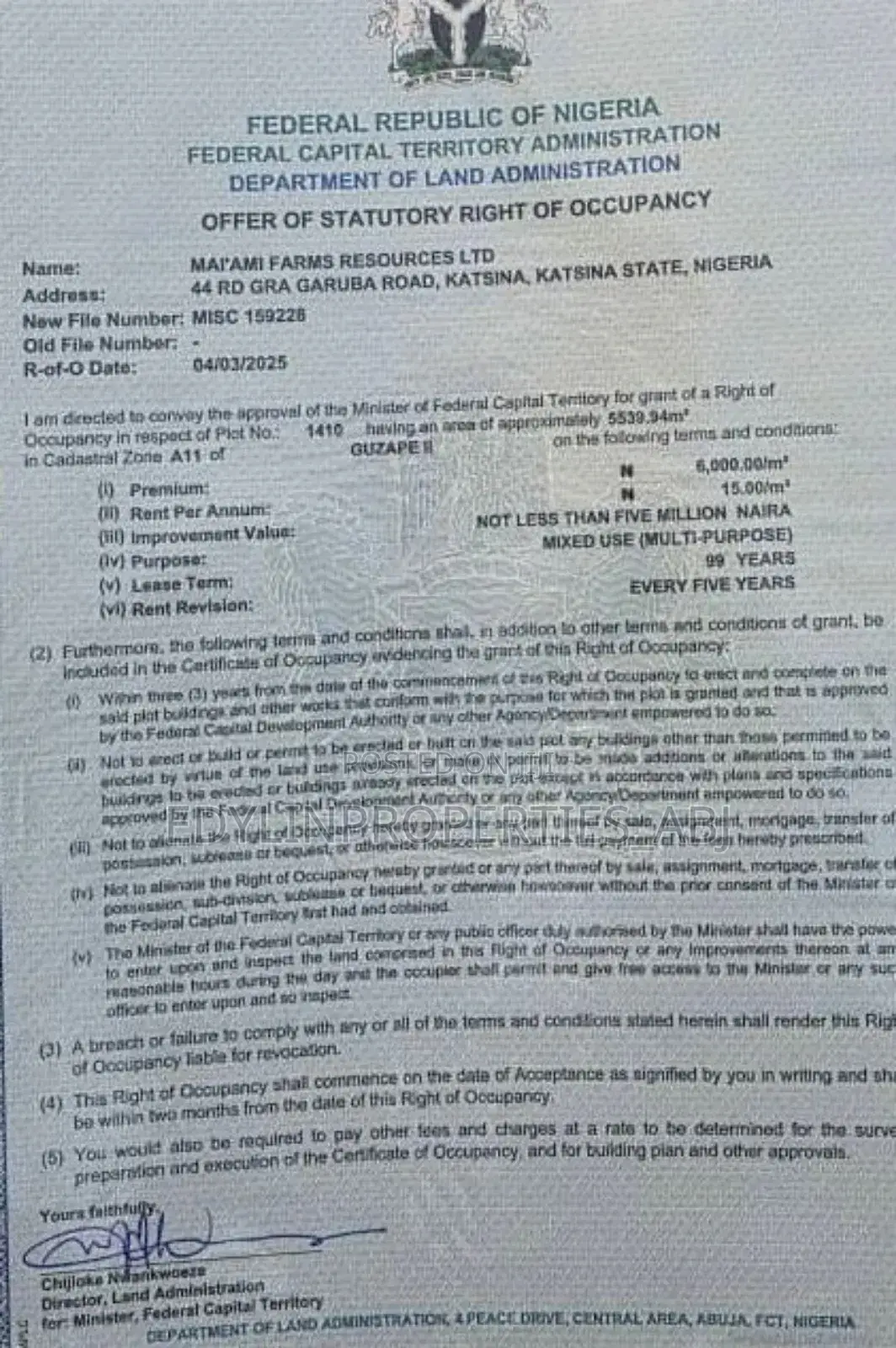 R of O Mixed Land at Guzape Ii . FCT Abuja in Maitama