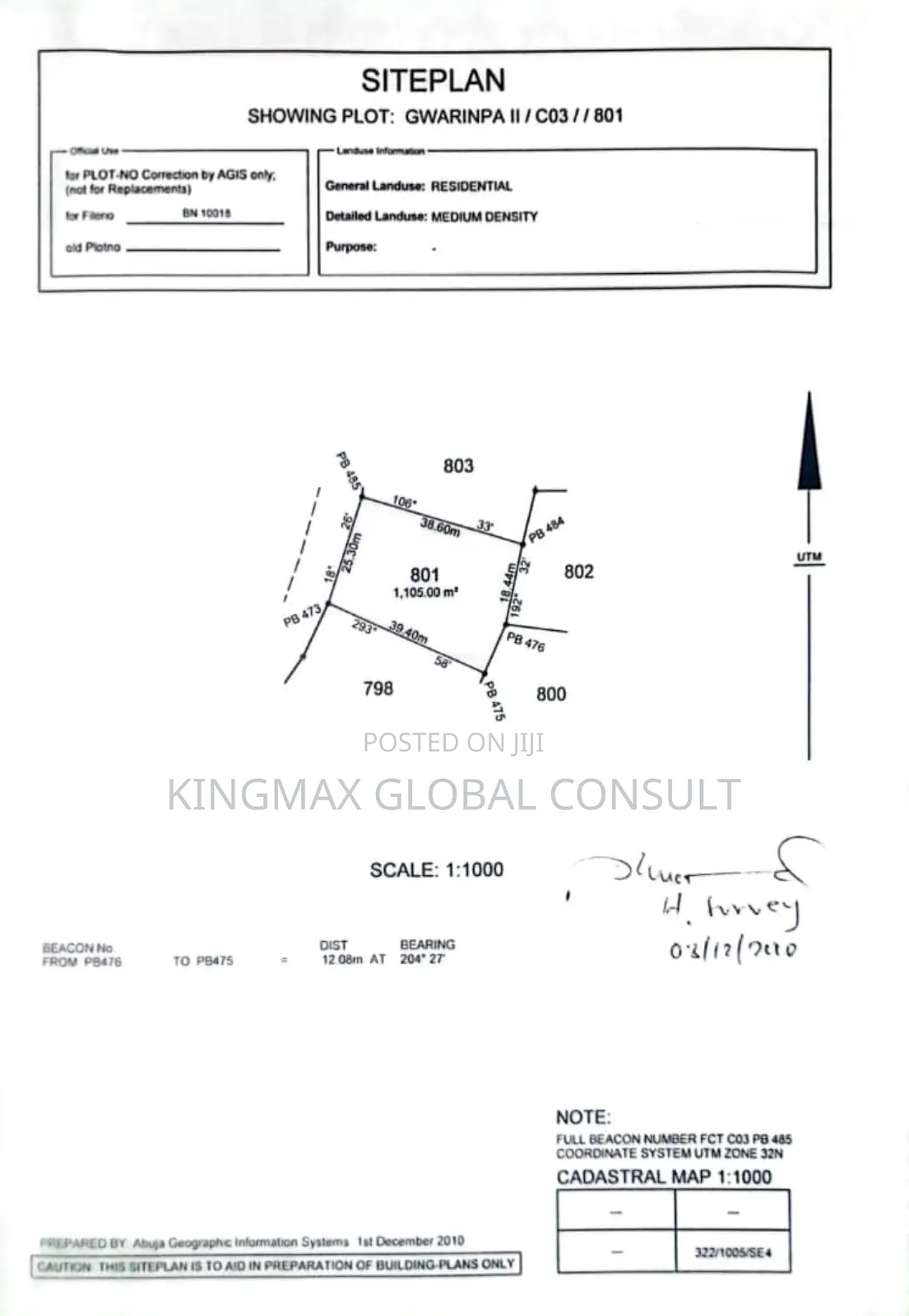 Land for Sale: 
Residential
Plot 801
1100sqm in Gwarinpa