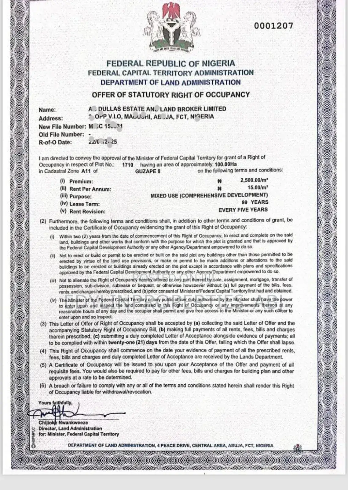 Fcda R of O Mixed Use Land at Guzape Ii in Guzape District