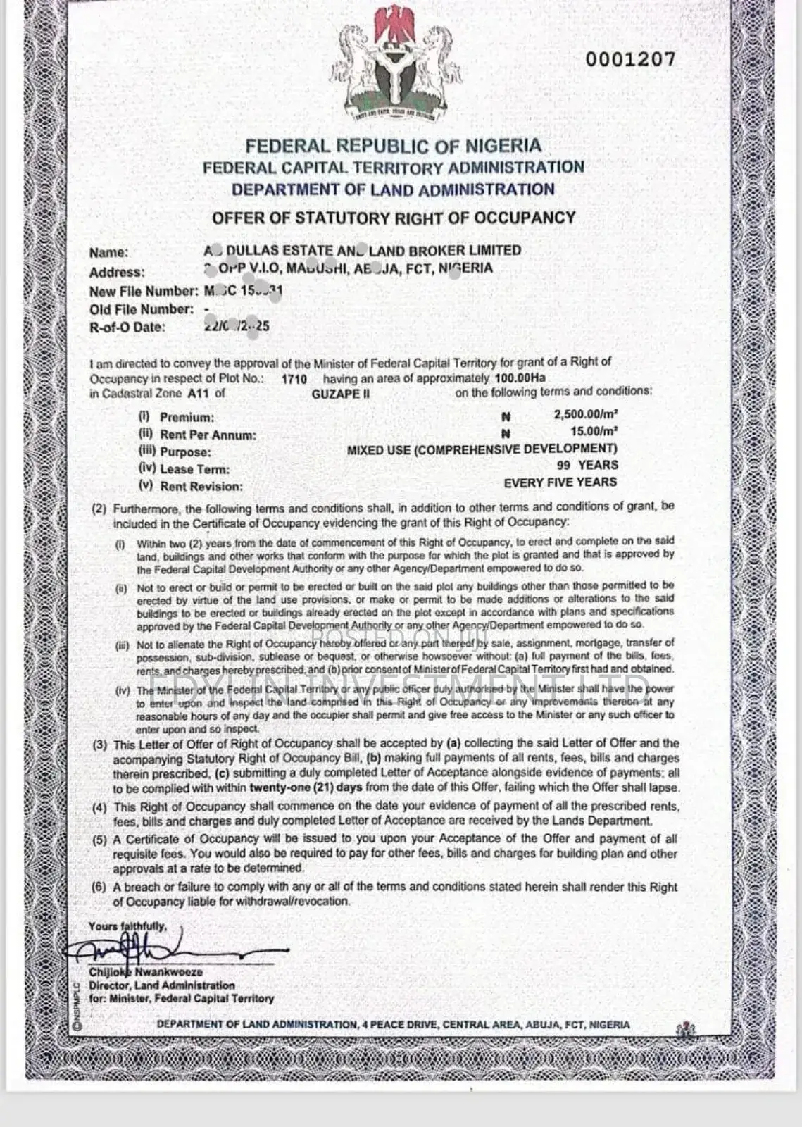 Fcda R of O Mixed Use Land at Guzape Ii in Guzape District