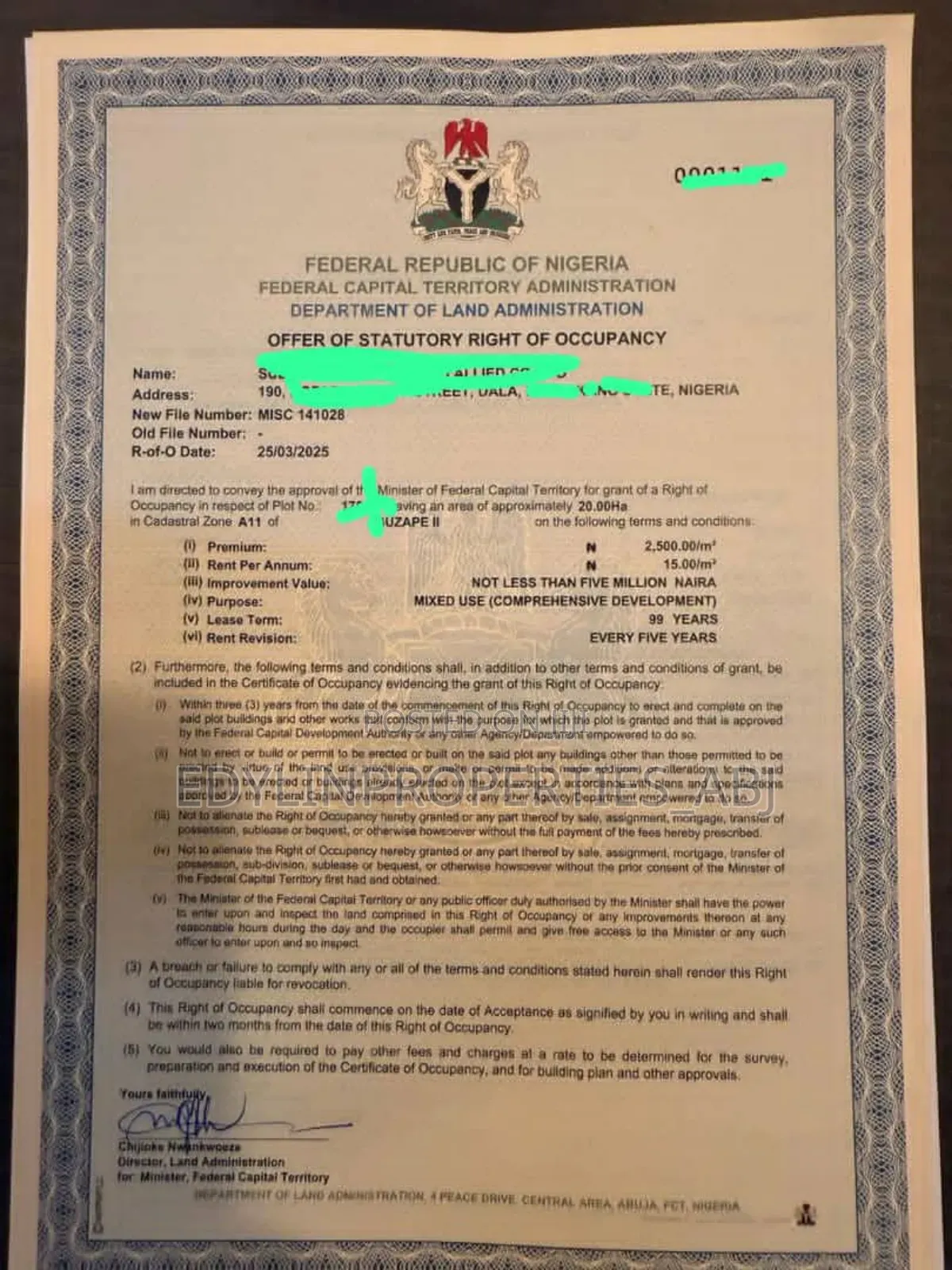 R of O Mixed Use Land at Guzape Ii. FCT Abuja in Guzape District