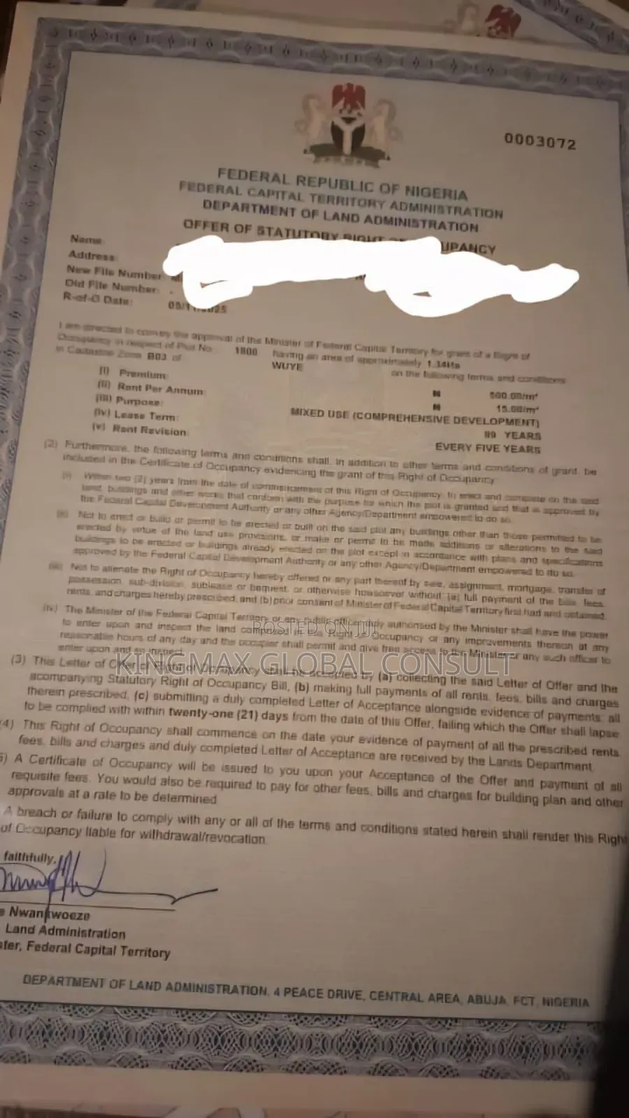 For Sale: 1.3 Hectares Estimated* *Document Fcda R of O in Utako