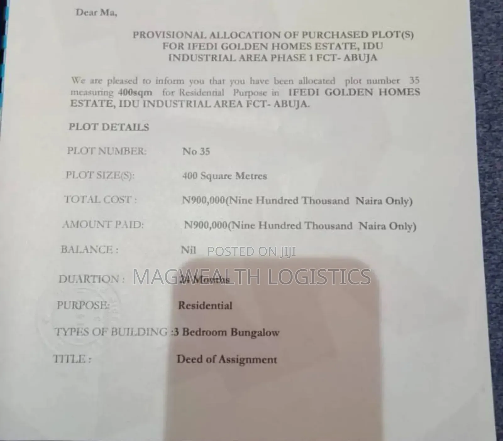 Estate Plot for Sale in Idu Industrial