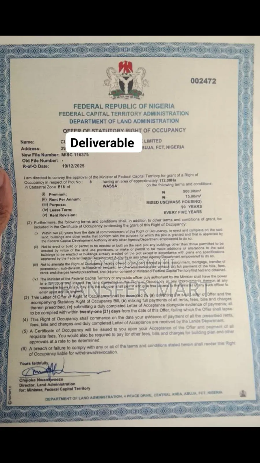 Location: Apo Wassa, Abuja Size: 112.00 Hectares Title: Fcda R of O in Gwarinpa