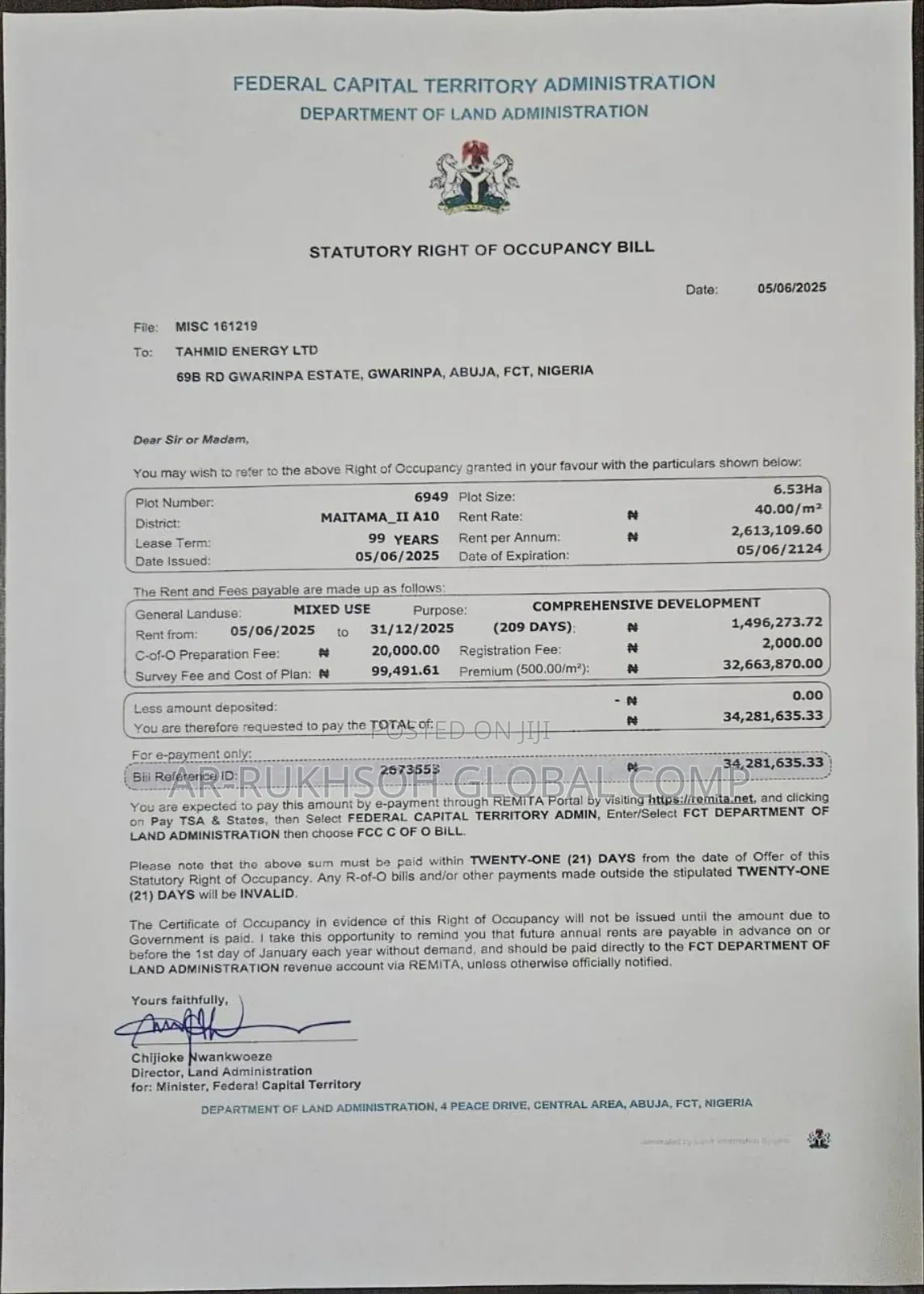* 6.53 Hectares of Land for Sale – Maitama Ii, Abuja* in Maitama