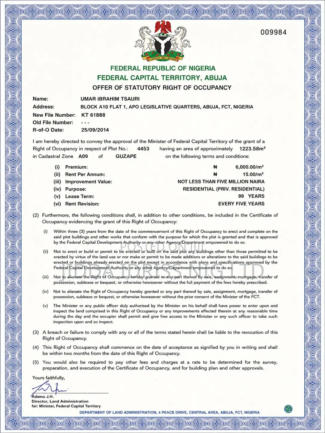 Exclusive Residential Plot With C of O in Guzape in Guzape District