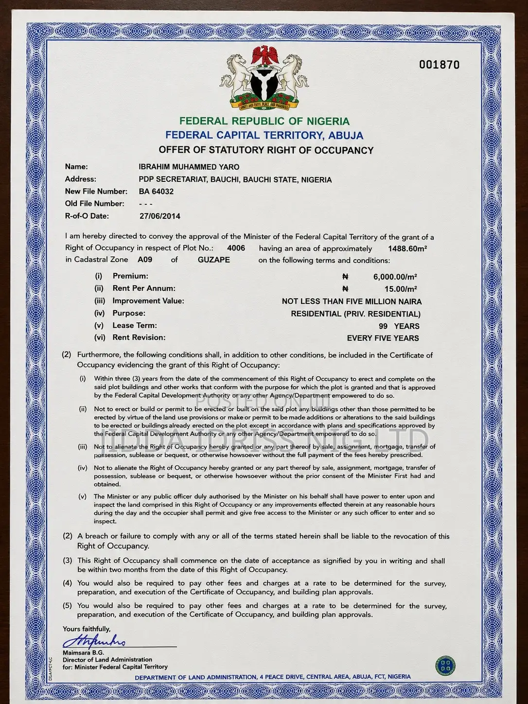 High-End Residential Plot With C of O in Guzape in Guzape District