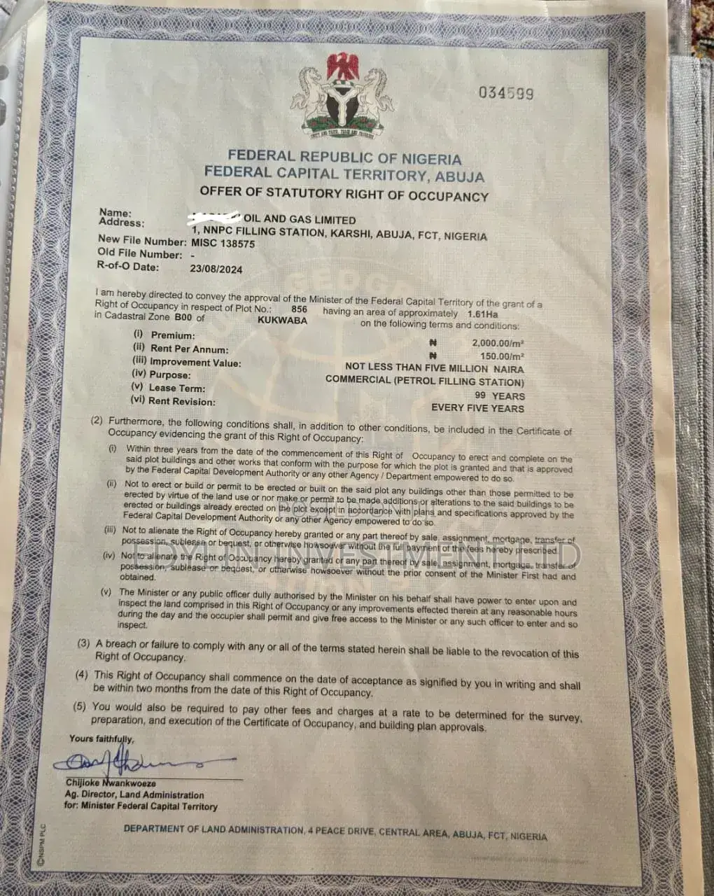 1.6 Hecters for Sale at Kukwaba District, FCT Abuja. in Durumi