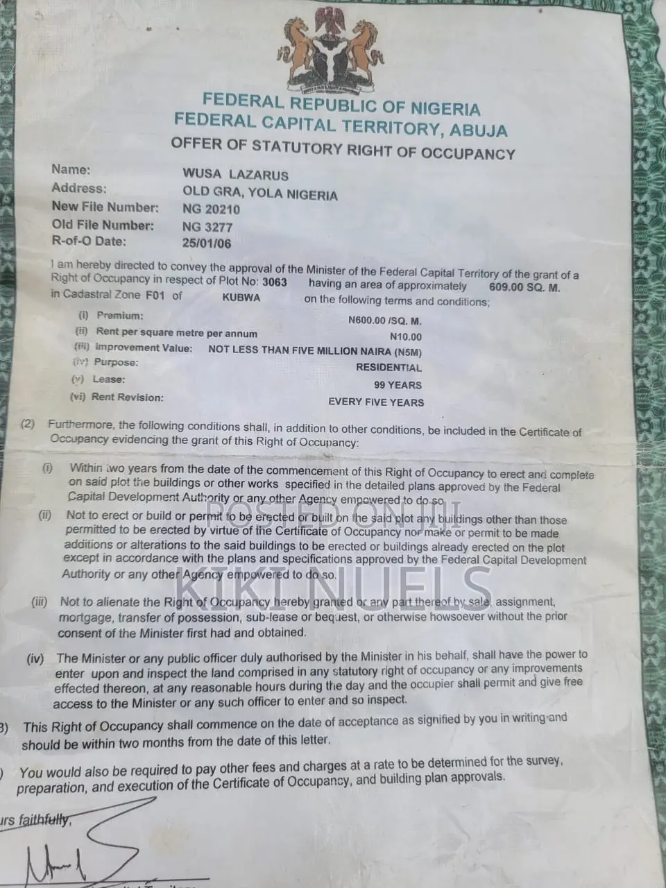 Certified Fcda Plot in Fo1 Kubwa , Next to Pension Board for Sale in Kubwa