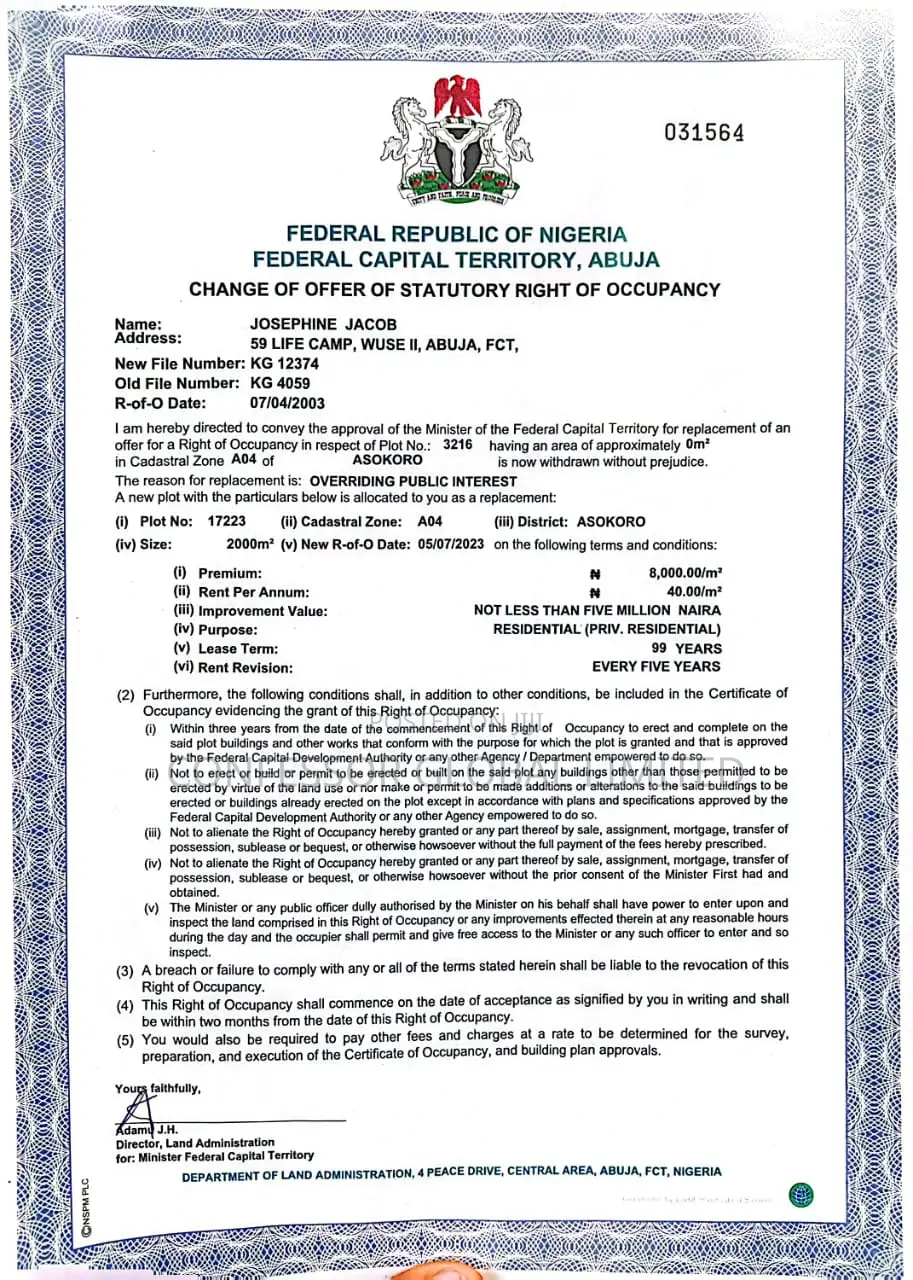 2000 SQM Residential Land in Asokoro Abuja in Asokoro