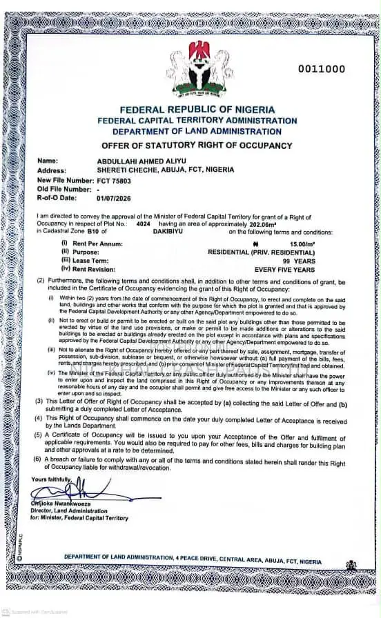 Breaking News! Very Sweet FCDA Allocation in Jabi Dakibiyu CofO in Jabi