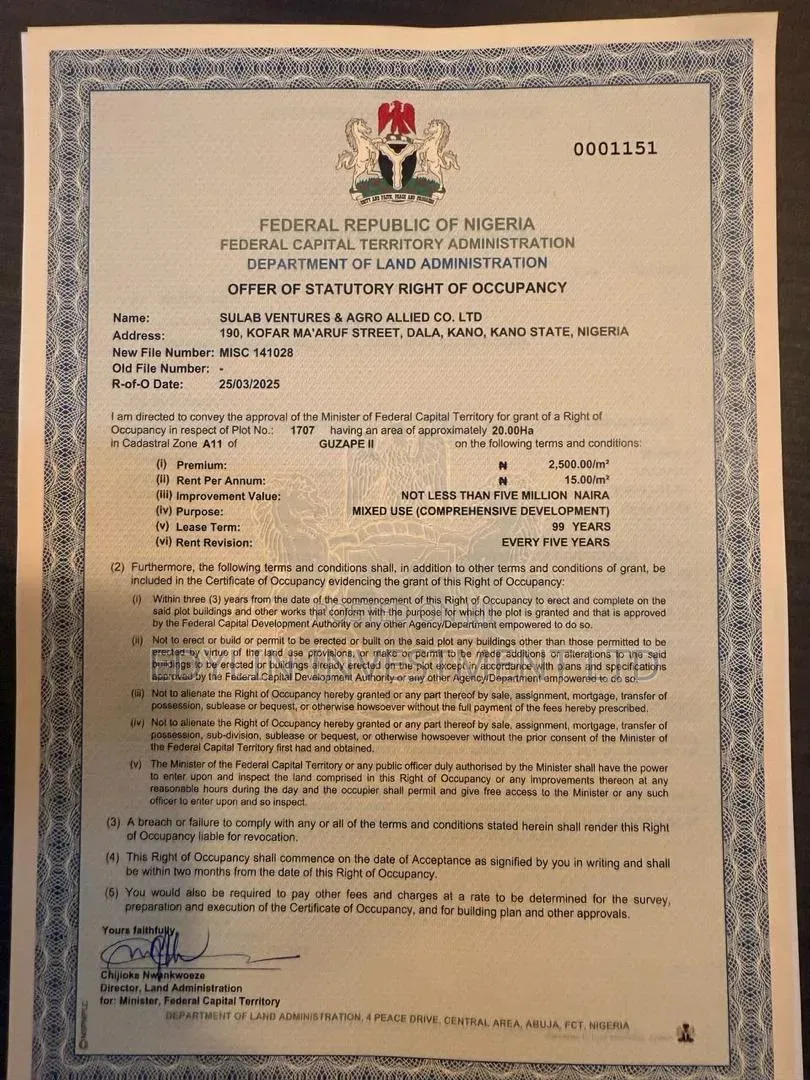 20 Hectares Plot of Land in Guzape 2 FCT Abuja in Guzape District