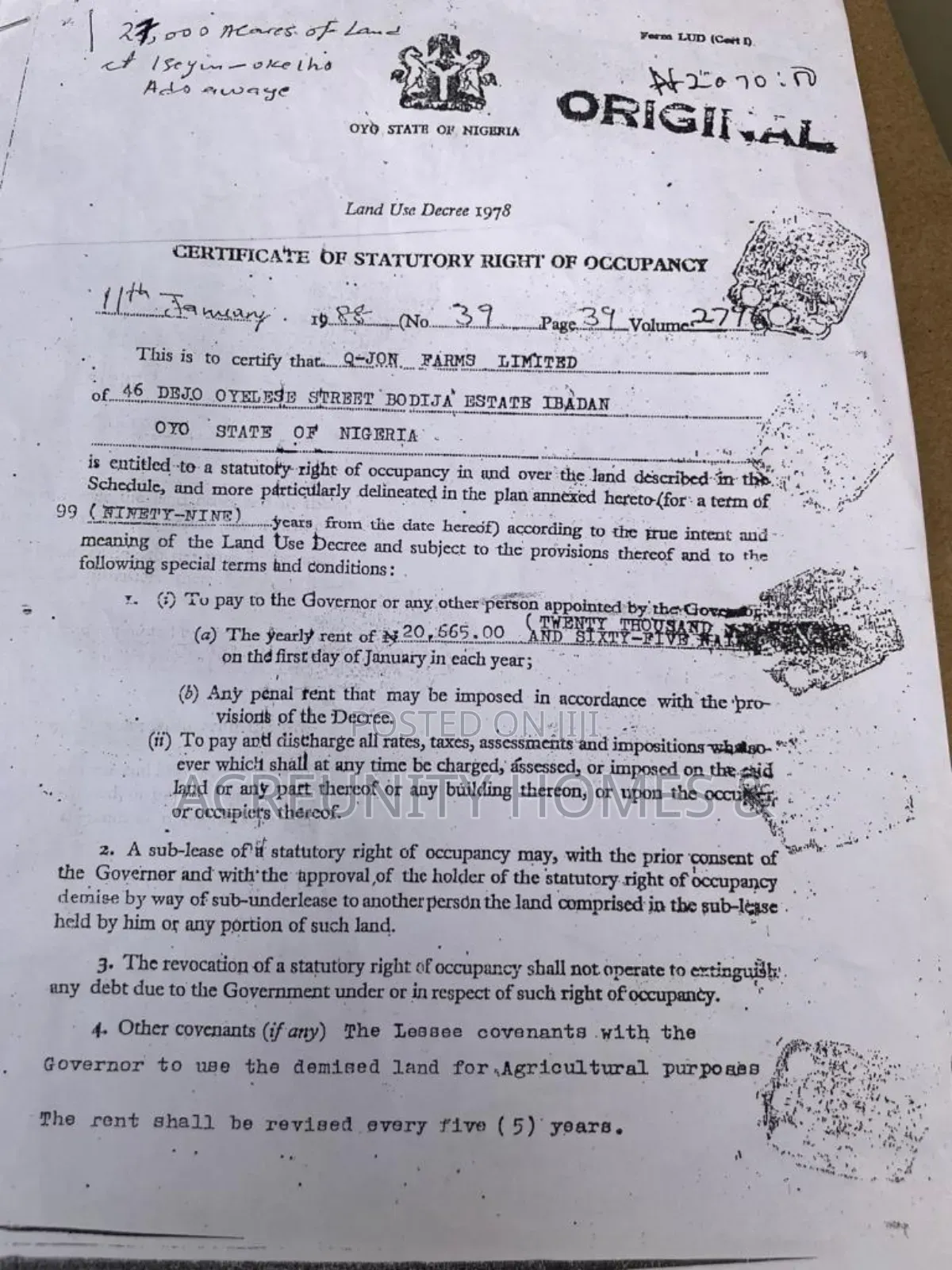 20000 Acres of Commercial Land for Sale at Iseyin/Adoawaye/Okeho Exp. in Iseyin