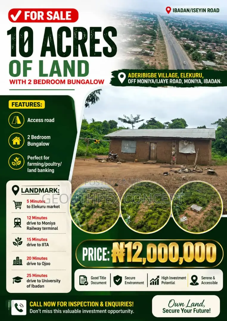 10 Acres of Land With 2 Bedroom Bungalow at Moniya, Ibadan in Moniya