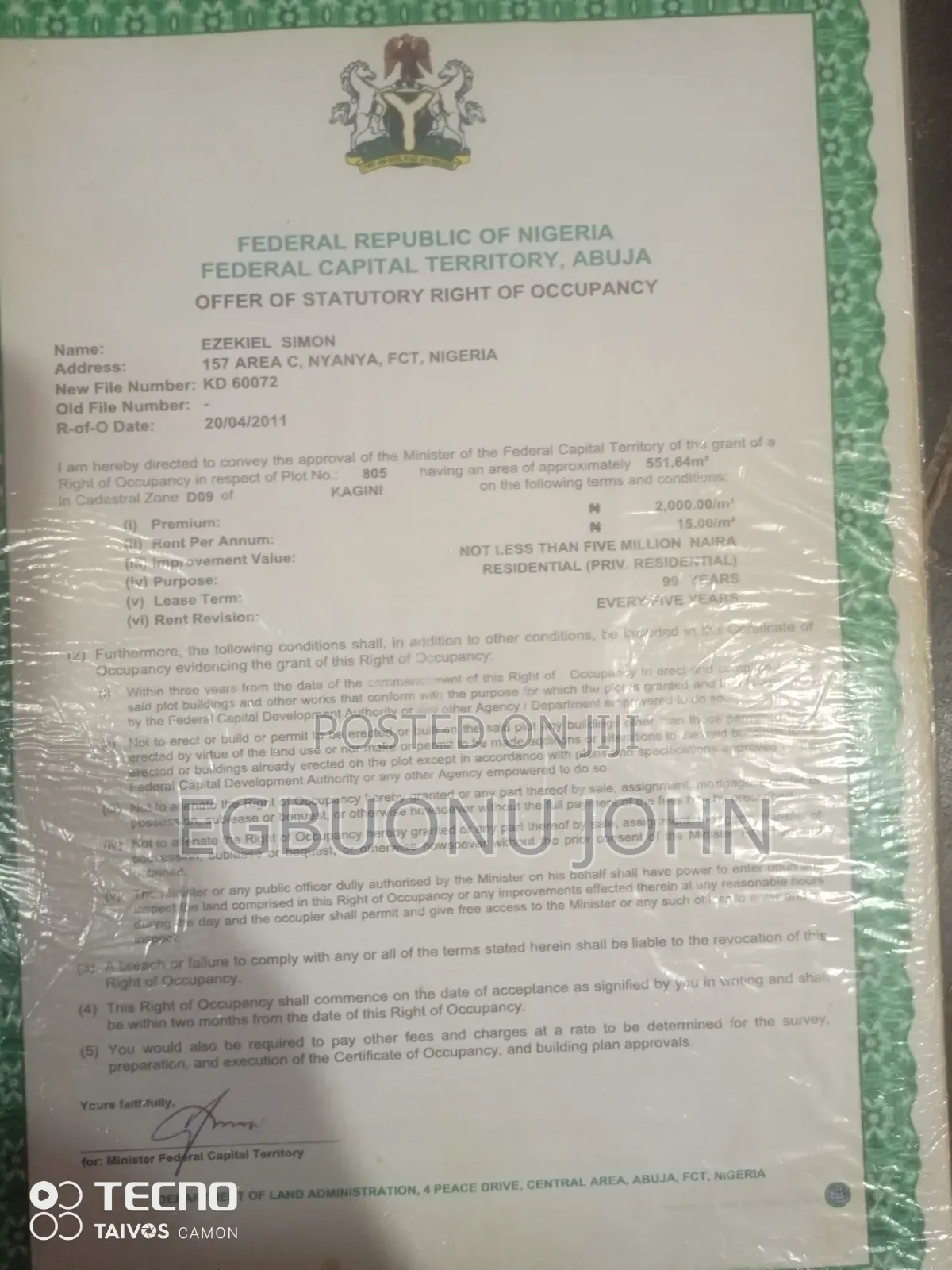 Plot 805 to Sell at Fcda Kagini Residential District Abuja in Dei-Dei