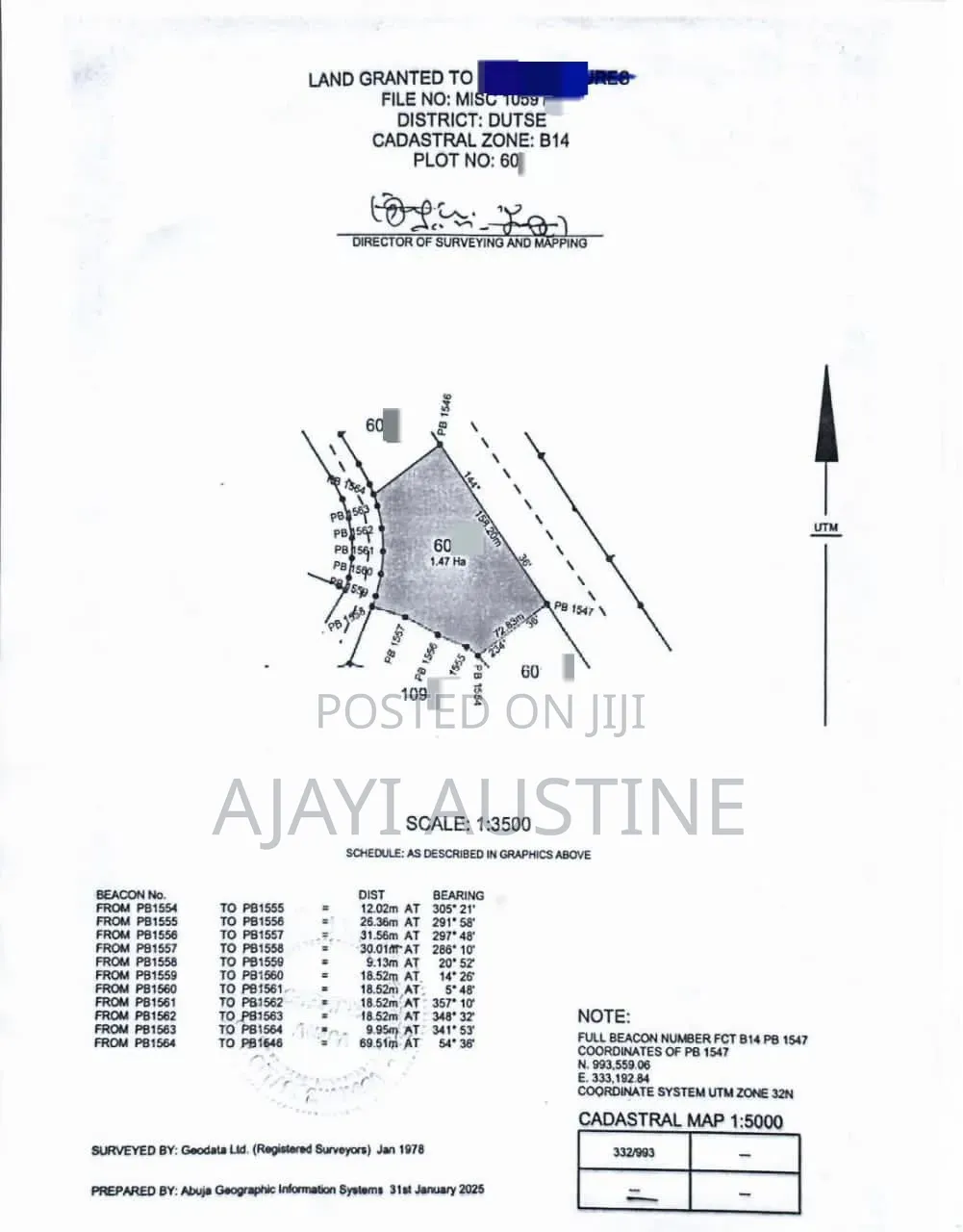 1.47 Hectares Land at Apo Dutse, Abuja for Sale in Guze