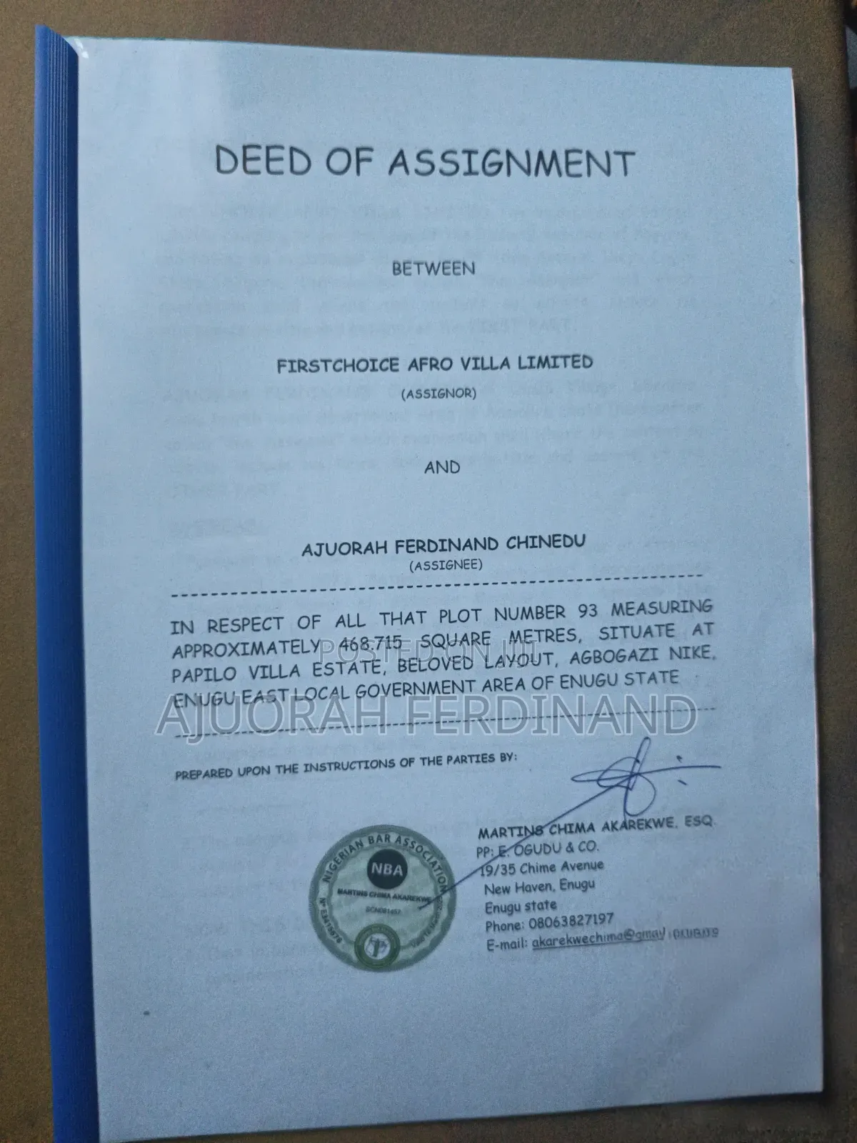 Distress Sale of One Plot of Land in Enugu